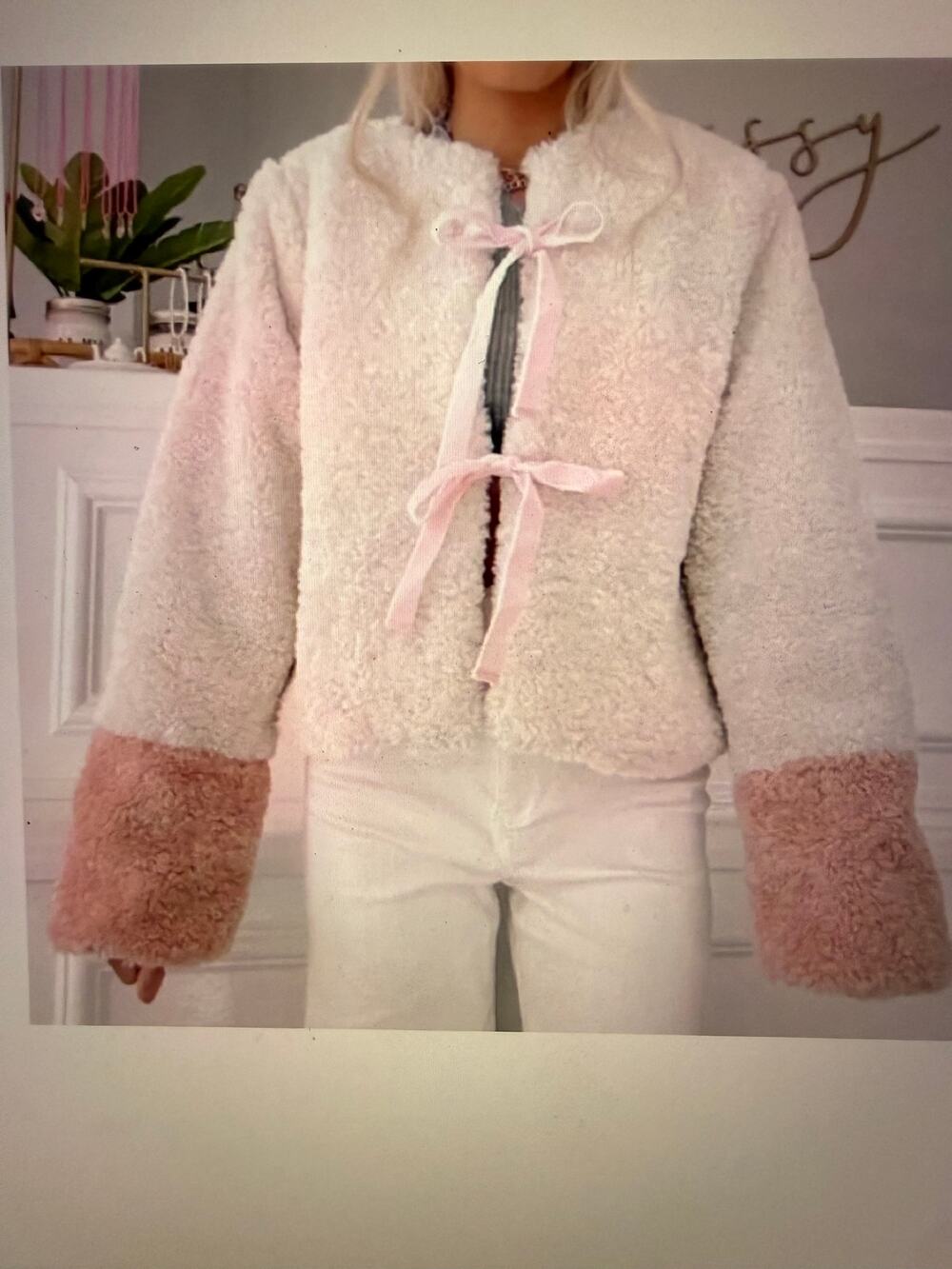 RareRaw Womens Large Cream Pink Teddy Jacket Velvet Tie Front Coquette Kawaii